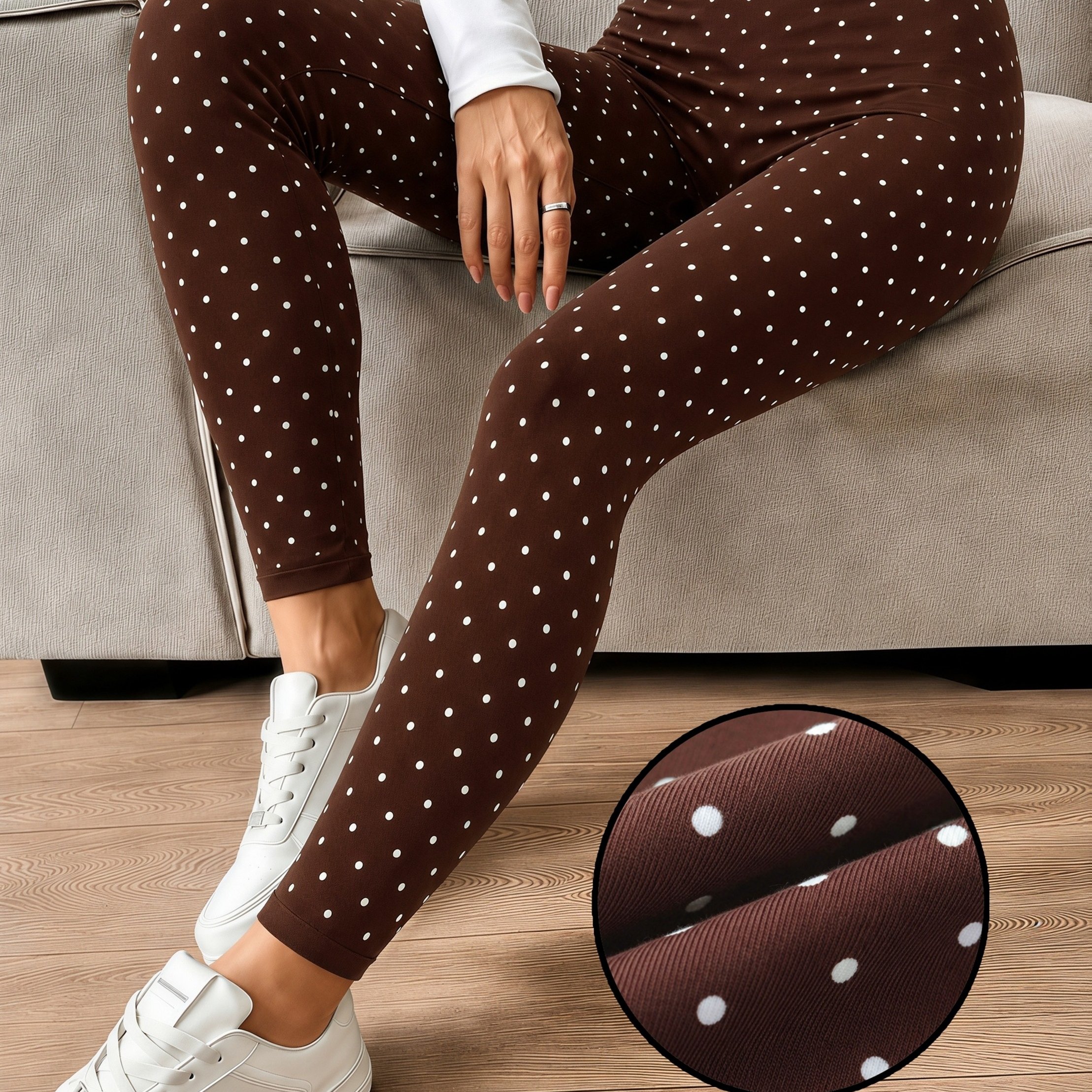 TEMU Women Polka Dot High Waist Leggings Classic White Small Dot Print High Stretchy Friendly Fabric Elegant Slim Fit Pants For Daily Outdoor Wear