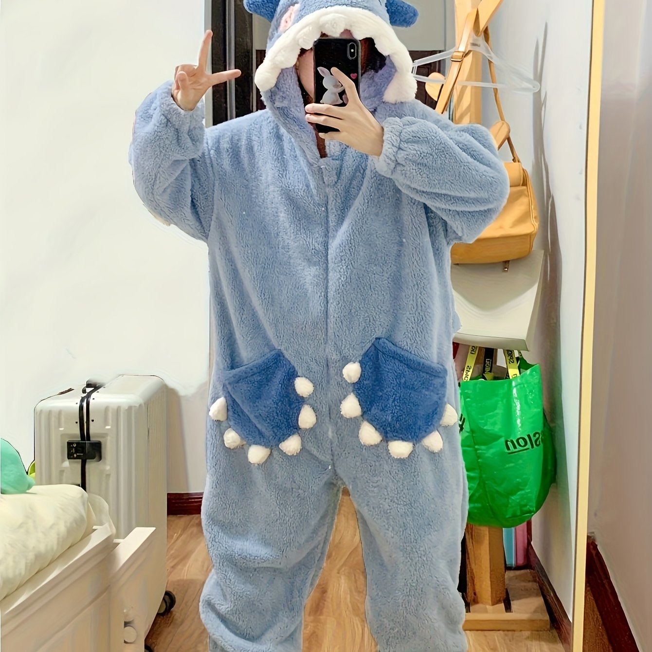 Image of Thickened Flannel Warm And Cute Shark Shaped Onesie For Fall And Winter, Long-sleeved Hooded Animal-themed Novelty Onesie Perfect For Halloween And Christmas