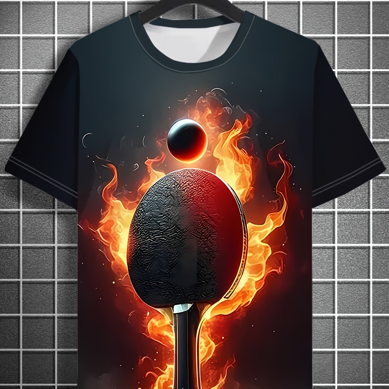 TEMU Men Wearing With Printed Table Tennis Racket, Ball And Flames, Cool Design