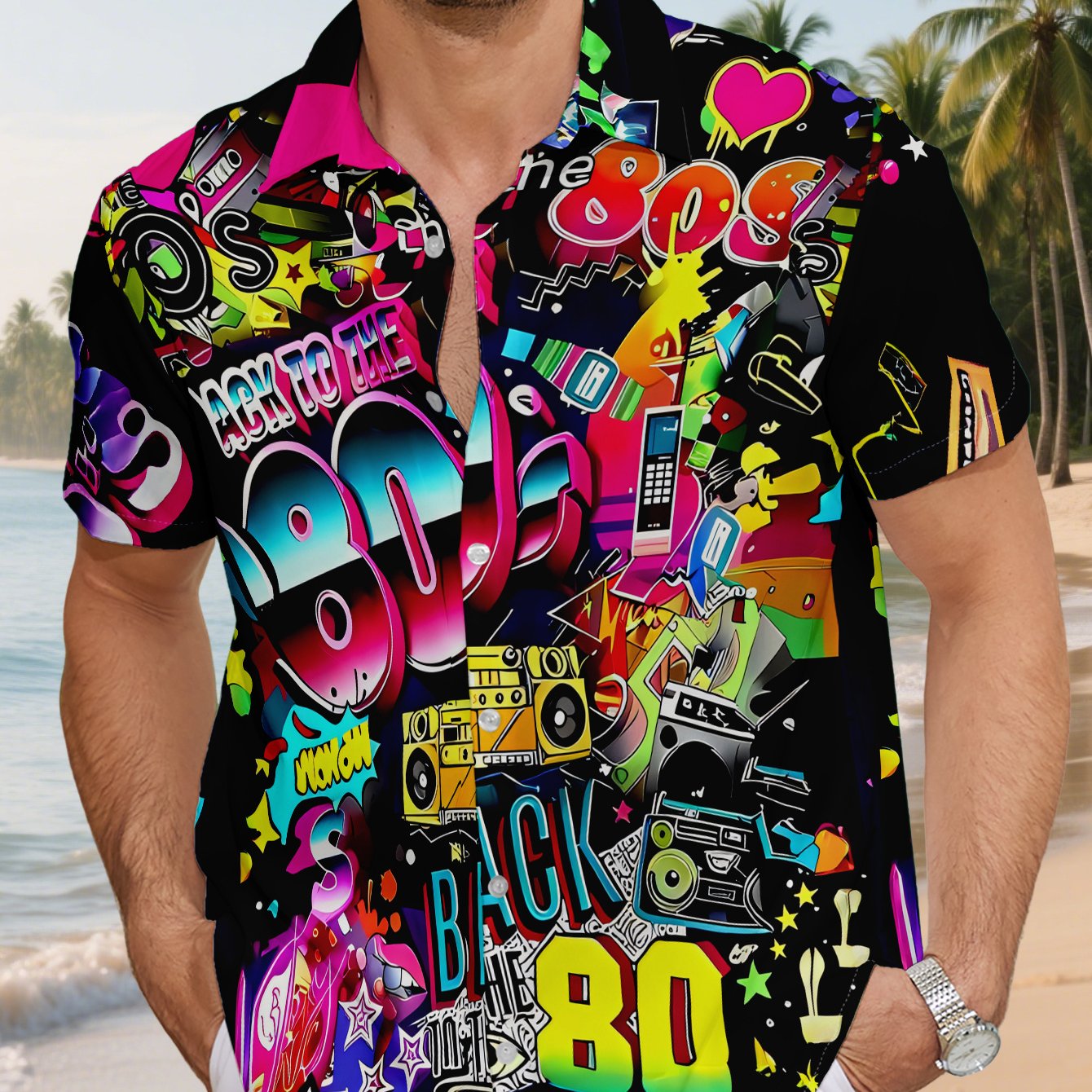 TEMU [print Design-not Textured] Men's Hawaiian Shirt, 80s Retro Elements Graffiti Style Poster With Colorful Patterns And Text, Casual Button-up