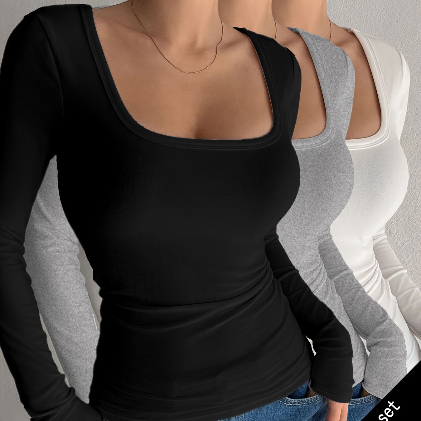 Image of 3pcs Women's Slim-fit Long Sleeve T-shirts - Smooth Round Neck Solid Color Tops Suitable For Layering, Office, Semi-formal Wear - Staple Blouses