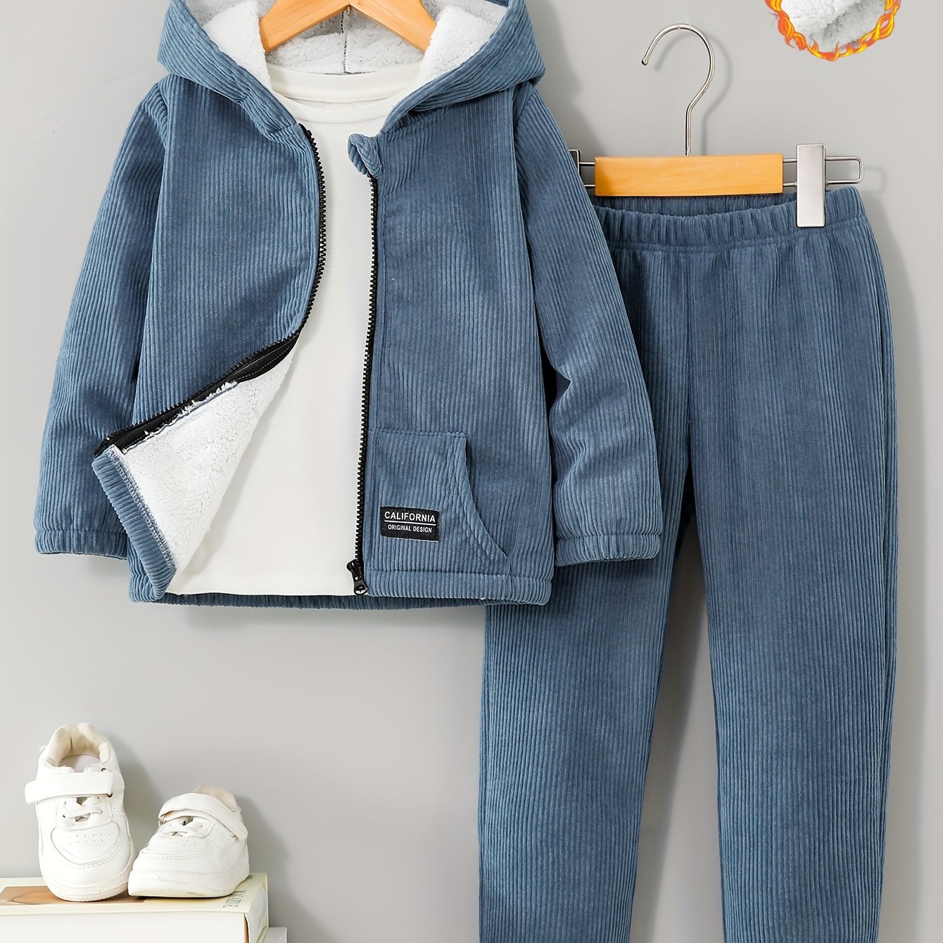 Boys' Autumn/winter Solid Color Hooded Zip-up -lined Warm Jacket & Solid Color Pants Two-piece Set, Perfect For Outdoor,halloween