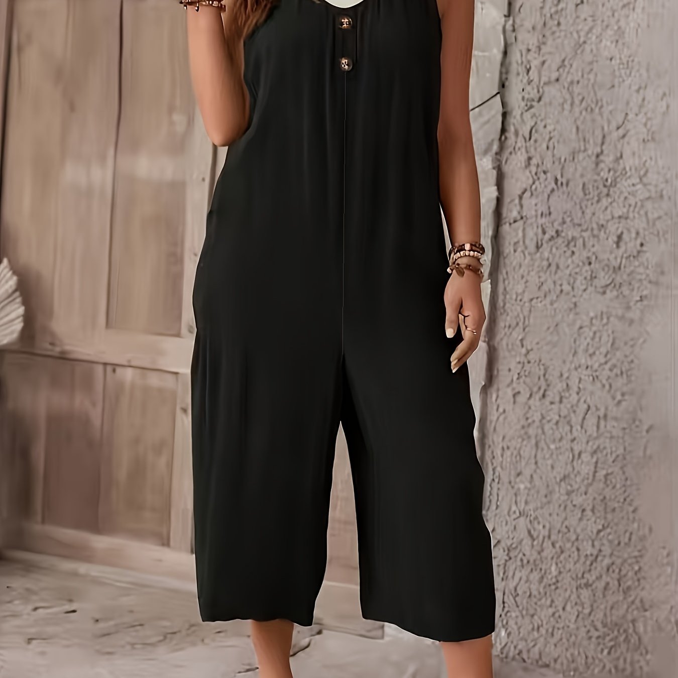 TEMU Plus Size - Plus Size - Front Button Double Pocket Jumpsuit With No Back Strap