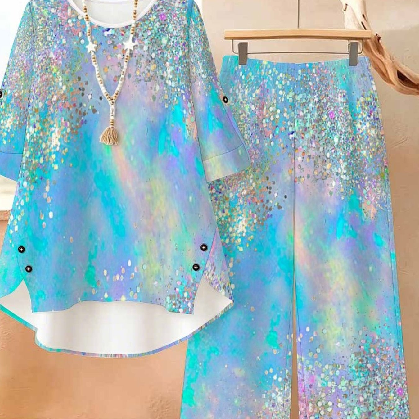 Plus Size Women's Two-piece Outfit, Three-quarter Sleeve Top And Wide-leg Long Pants, Casual Elegant Style