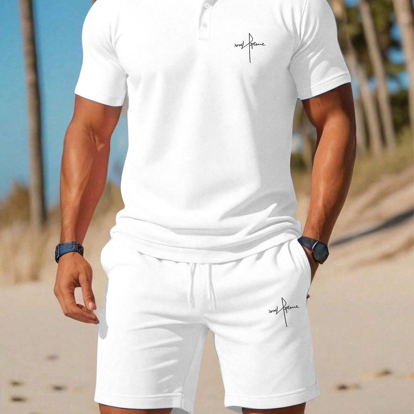 TEMU White Blue Black Gray Solid Color Set Short Sleeve Men's, Shirt As Base, Men's Textured Shorts Short Sleeve T-shirt 2pcs Set