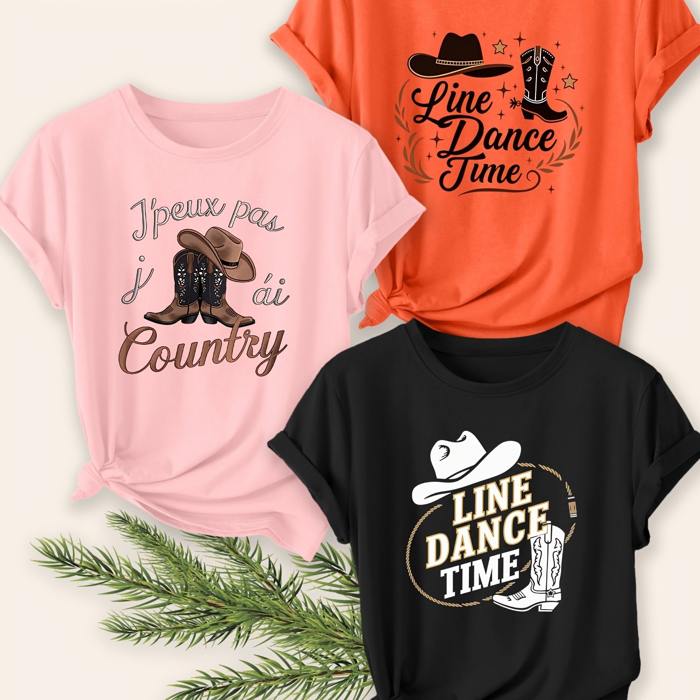 TEMU 3pcs Set Women's Summer Clothing Western Dance Print Round Neck Short Sleeve Plus Size T-shirt Style Loose Top 2026 Spring Summer Elegant Casual