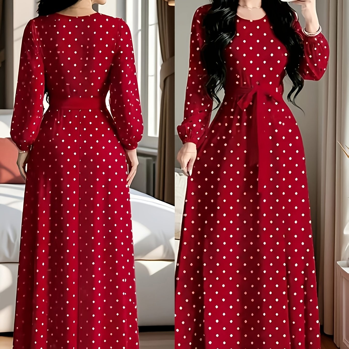TEMU Polka Dot Printed Women's Fashion Dress With Round Neck, Long Sleeves, Belted Waist Design, Elegant Long Dress Suitable For Spring And Autumn,