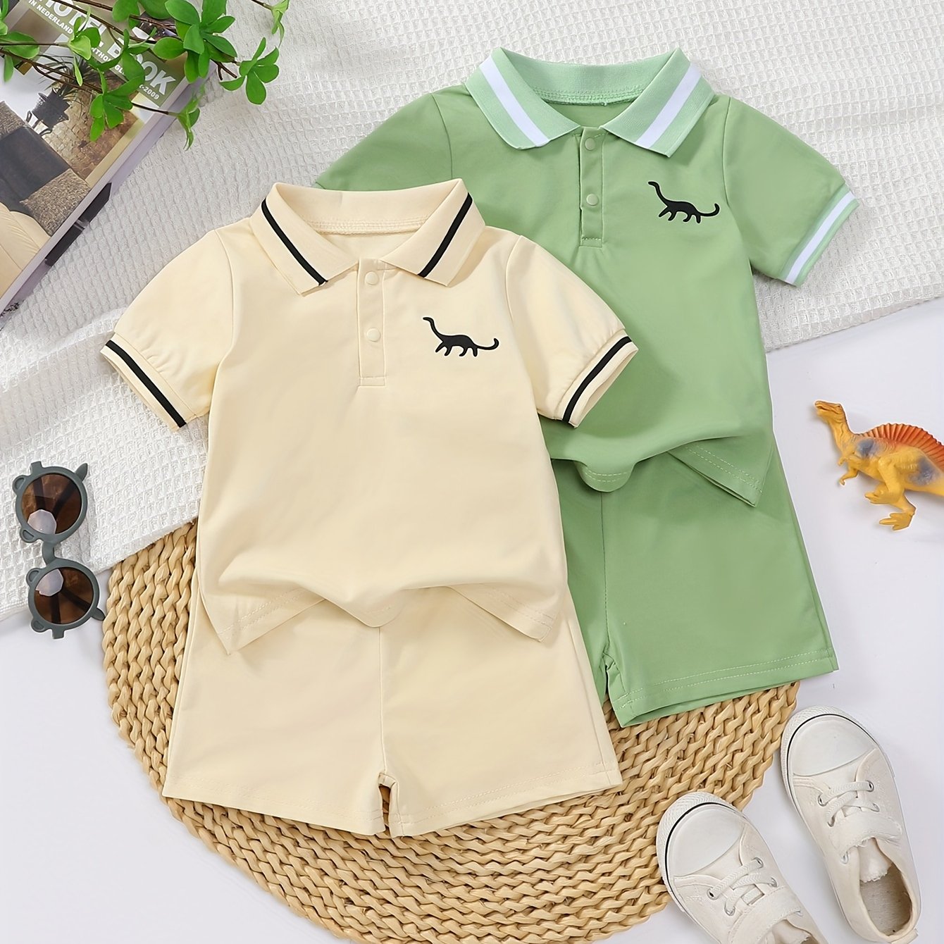 Image of New Summer Boys' Collar Casual Sport Dinosaur Print Short Sleeve Top And Shorts 4-piece Set, Perfect For Outdoor