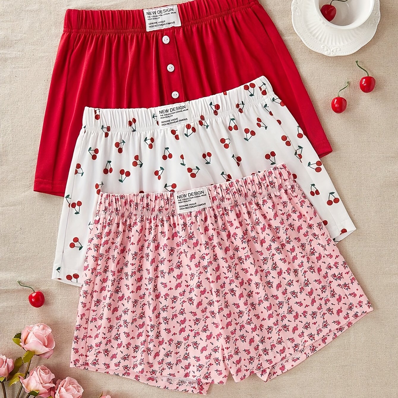 TEMU Women's 3pcs Shorts Set - Casual Floral Print, Waistband, Machine Washable