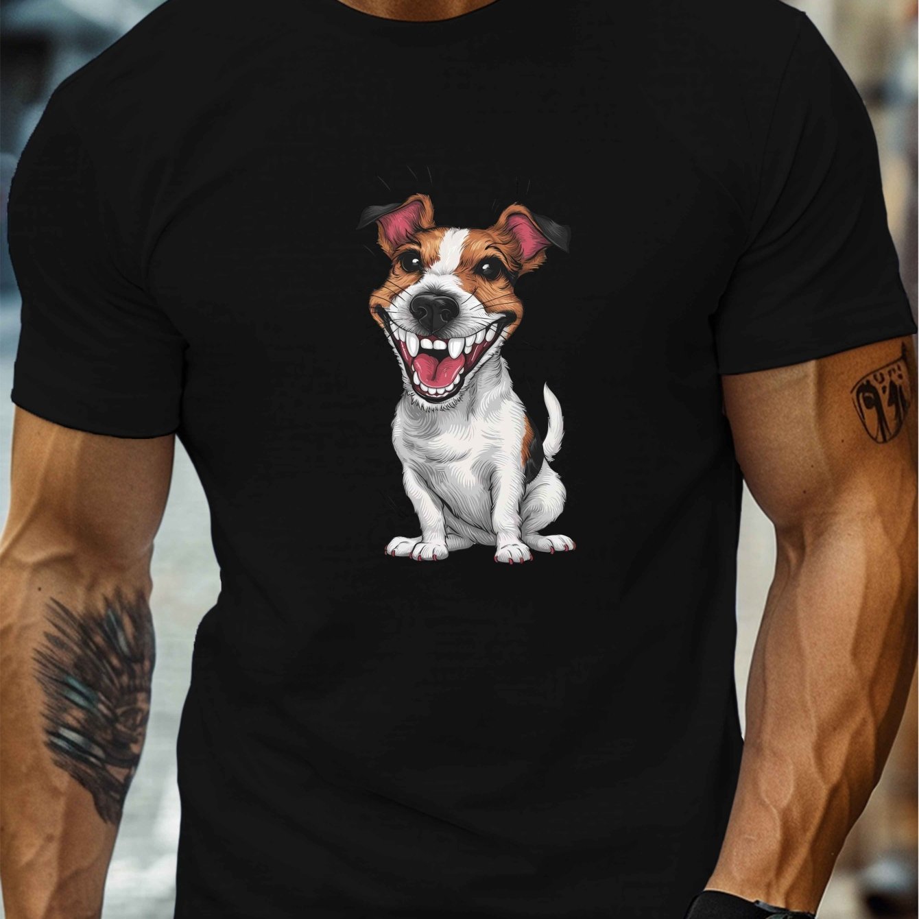 TEMU Terrier Cartoon Pattern Men's Casual Round Neck Short Sleeve T-shirt, Summer Style
