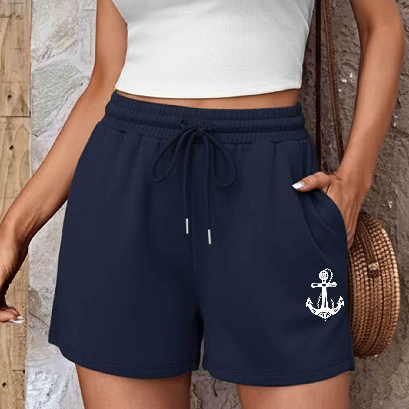 TEMU Simple And Stylish Women's Shorts With Boat Anchor Print, Drawstring Elastic Waistband, Fashionable Women's Shorts, For Versatile Casual Wear At