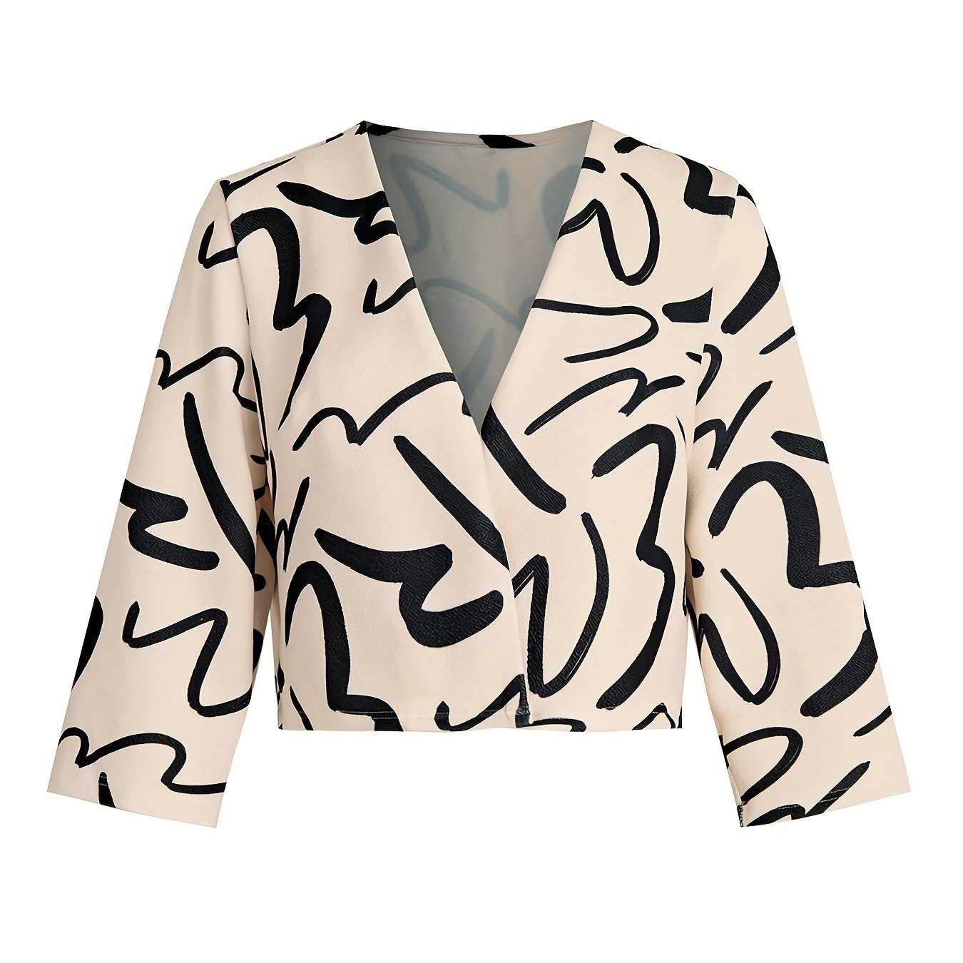 TEMU Elegant Printed Casual Jacket With 3/4 Sleeves - Stretchy Polyester Blend, Open Front, Asymmetrical Hem For Women - Fall & Winter