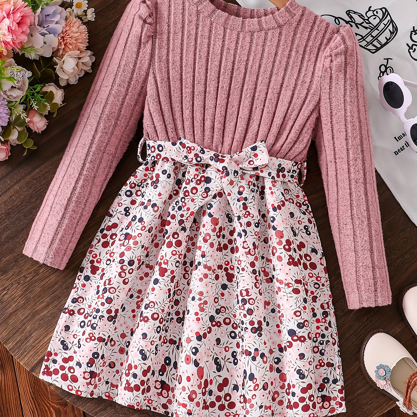 Image of Girls' Fashion Casual Spring/autumn Skirt, Round Neck Puff Sleeve Solid Color Leaf Print Waist-cinching Style With Waist-cinching Belt, Girls' Comfortable Casual Soft Versatile Wear