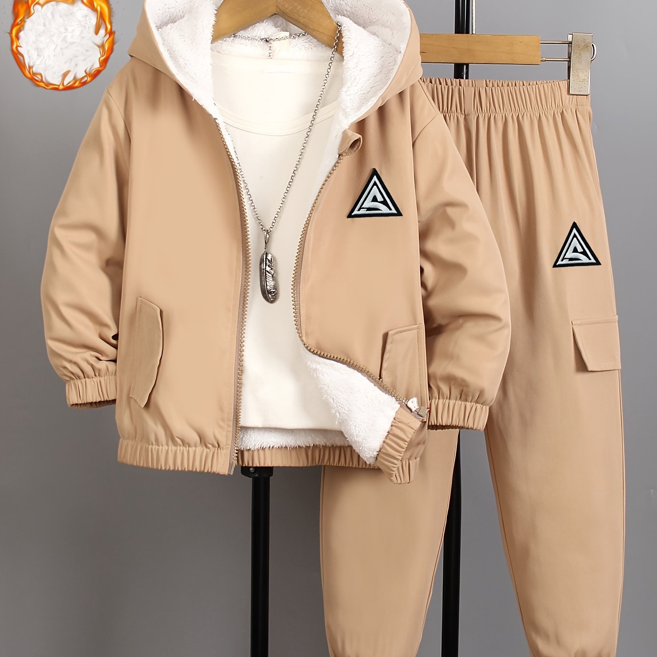 Image of A Set Of Young Boys' Autumn/winter -lined Outfits: Includes A Lightweight -lined Hooded Jacket For Boys + A Set Of Lightweight -lined Woven Pants With An Elastic Waistband, Perfect For Outdoor