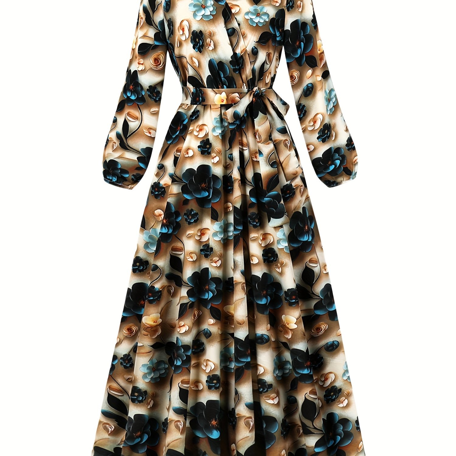 TEMU Elegant Floral Print Dress With Belt - V-neck, Long Sleeve, Machine Washable - Spring & Fall Parties