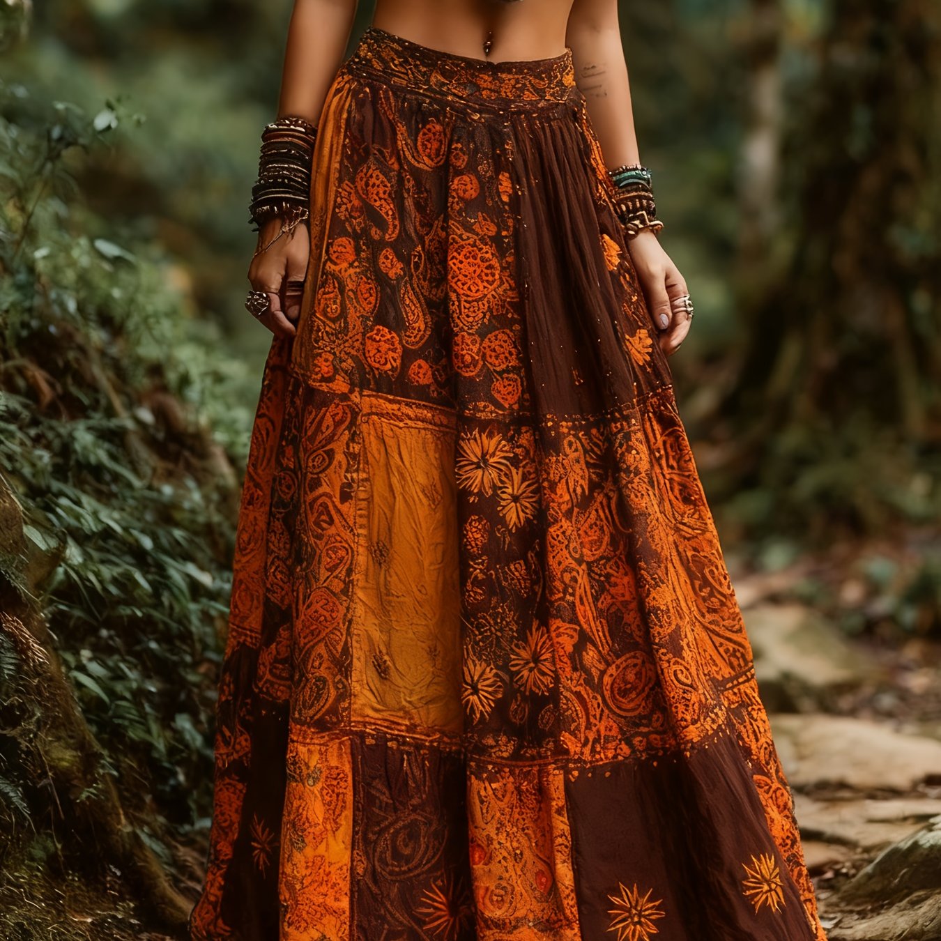 Bohemian Ethnic Style Print High-waisted Flared Maxi Skirt For Women