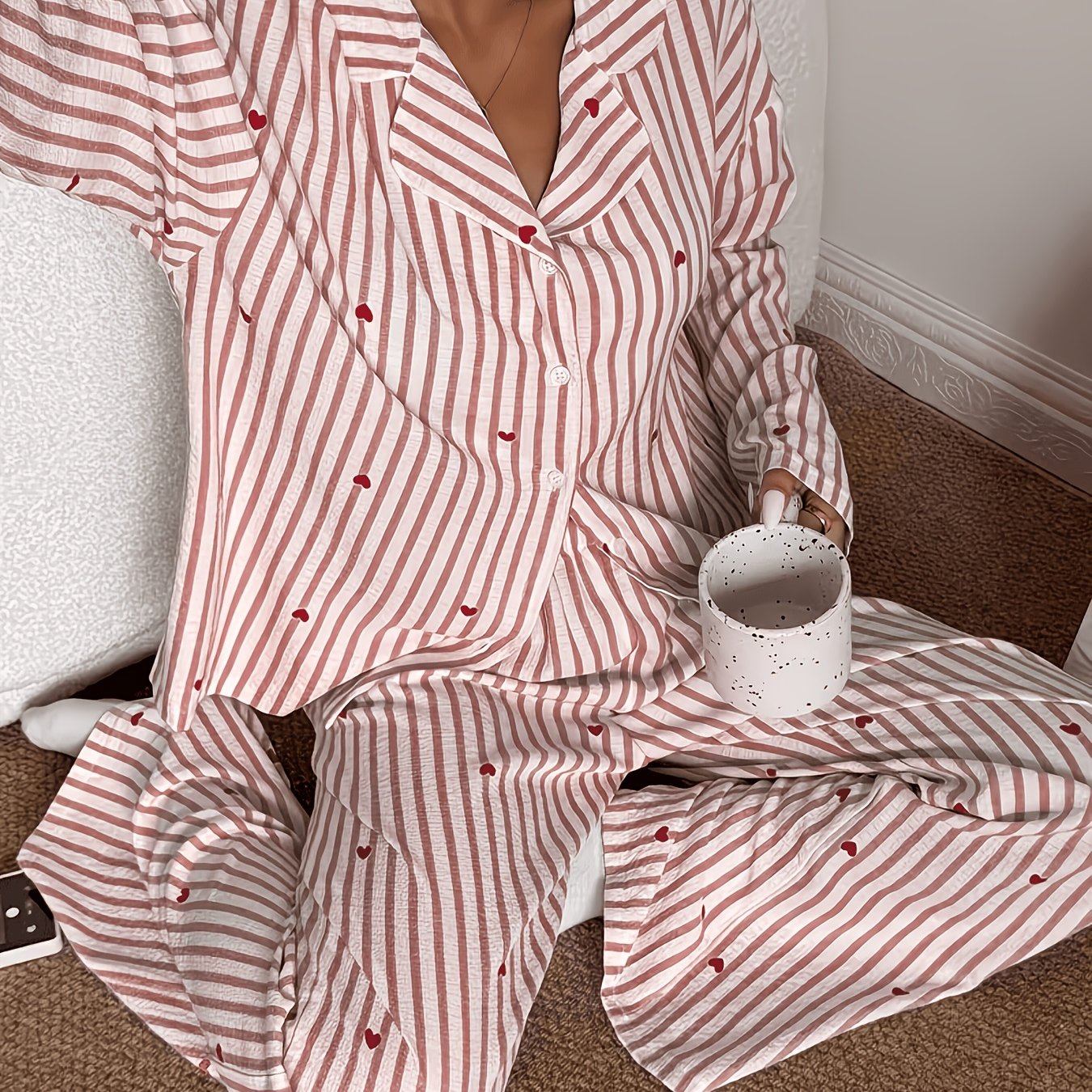 TEMU Bubble-wrinkle Open-front Heart Romantic Print Pajama Set, Long-sleeve Shirt Top And Elastic Waist Pants, Women's Loungewear And Sleepwear