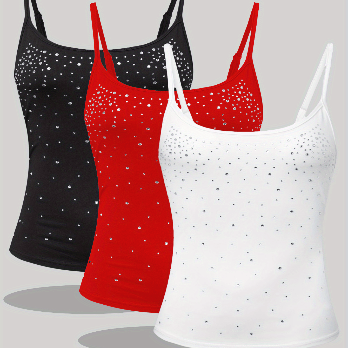 Image of Camisole Top 3pcs Set Suitable For Spring, Summer And Autumn Y2k Fashion Hot Drilling Design Off-shoulder Adjustable Suspenders Elastic Fabric Casual Versatile Slim Fit