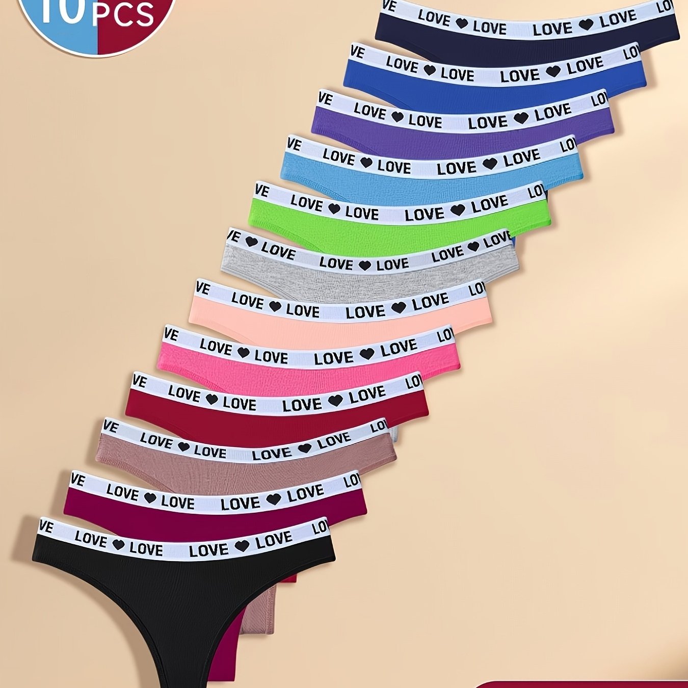 TEMU 10pcs Random Color Women's Panties, Sexy Low-waist Thong, Letter Heart Waistband, Soft And Comfortable Breathable, -friendly, Women's Lingerie