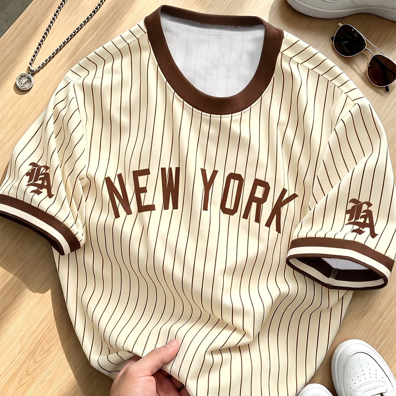 TEMU Men's Vintage Baseball Vertical Stripe T-shirt - Contrast Black Trim Crew Neck Short-sleeve, Drop Shoulder Fit Retro Streetwear Suitable For