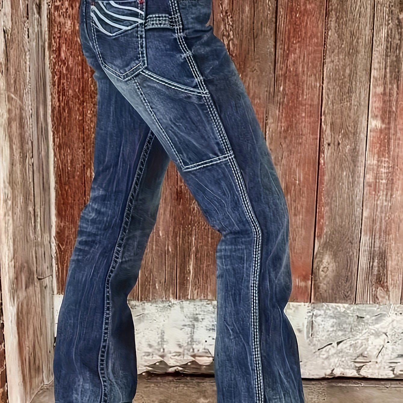 TEMU Women's Retro Flared Jeans, Pocket Embroidery Design, Slim Fit, Stretch Washable Denim Fabric, Comfortable, Casual And Versatile, Suitable For All