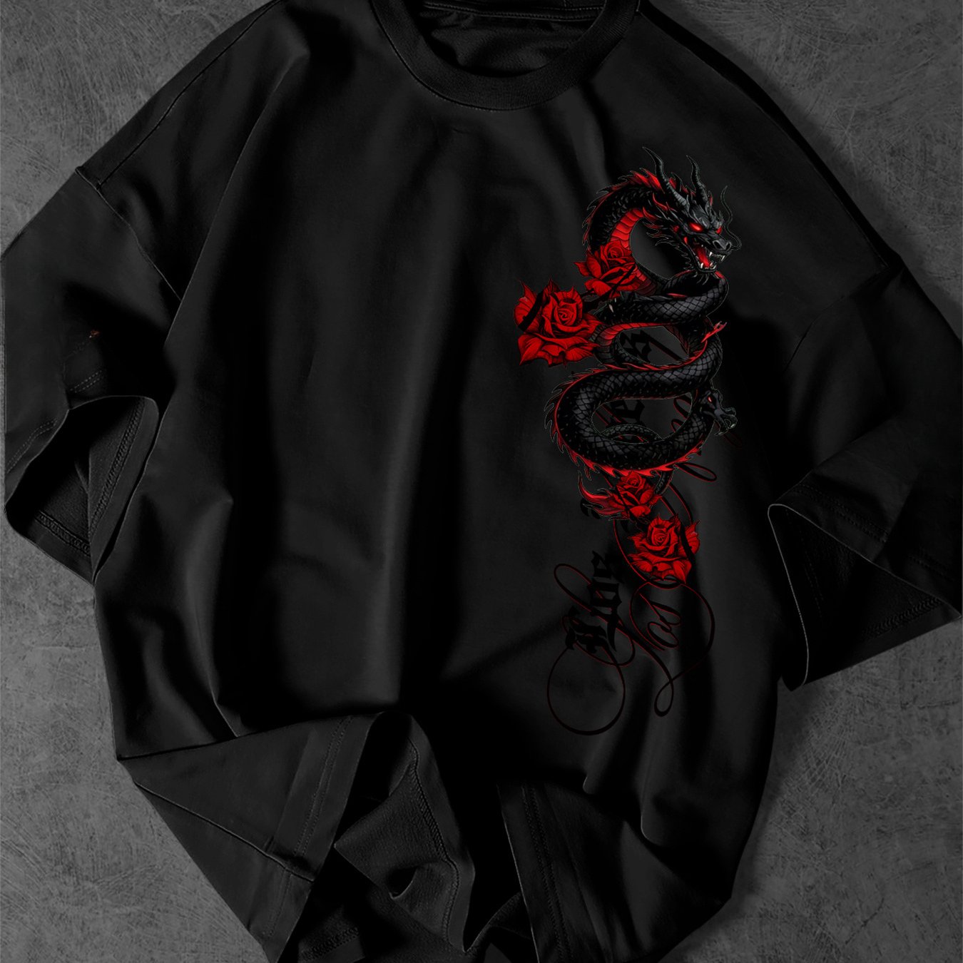 TEMU Trendy Men's European And And Red Dragon And Rose Style Hot Stamping Print Short Sleeve T-shirt