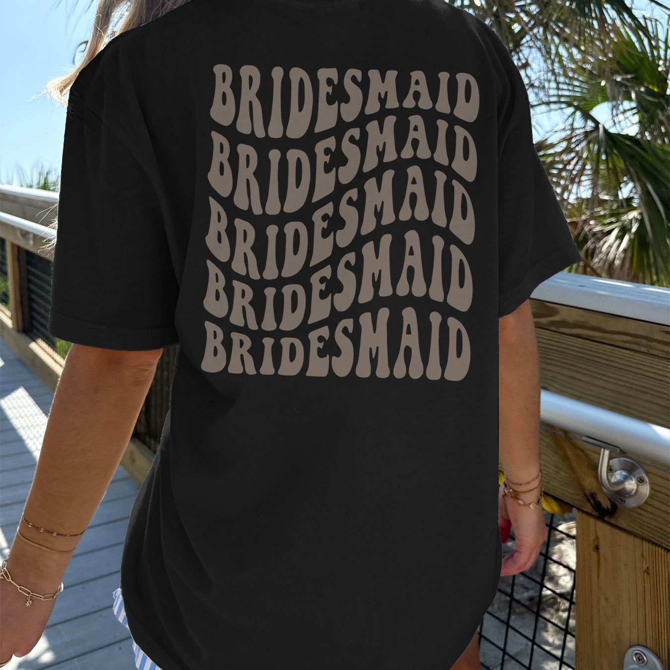 TEMU Women's Casual Bridesmaid Letter Print Drop Shoulder T-shirt - Relaxed Neck Short Sleeve Top, Machine Washable Bridal Party Apparel, Bridesmaid