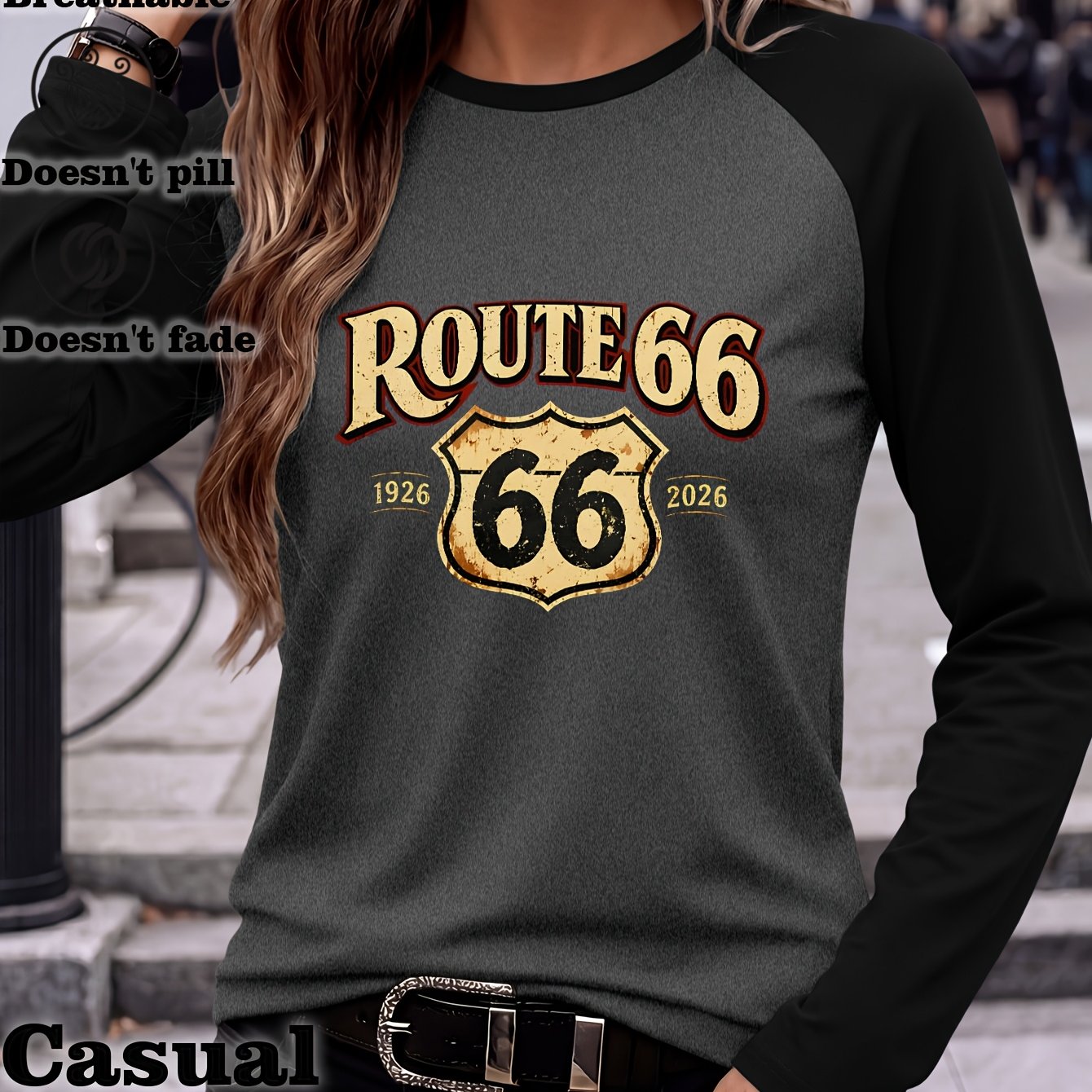 TEMU Vintage Highway Shield Graphic Raglan Long Sleeve Tee, Retro Western Country Women's Baseball Top