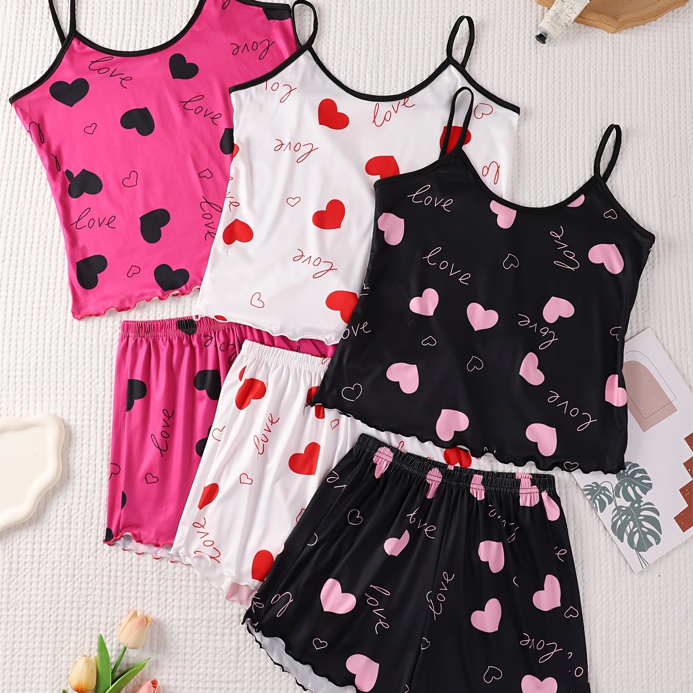 6pcs Heart Letter Print Women's Cami And Shorts Set, Sexy Sleepwear