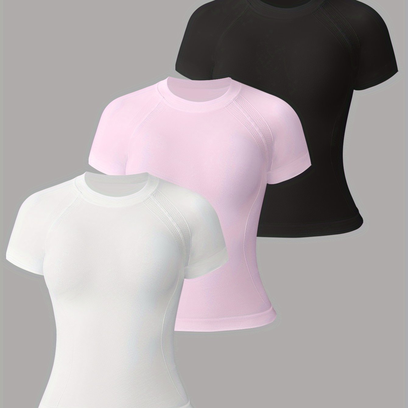 E-shop 3er-Set Lässige, einfarbige Sport-T-Shirts, elastische, atmungsaktive, schnelltrocknende, enge Yoga-Oberteile, Damen Sport Kurzarm,