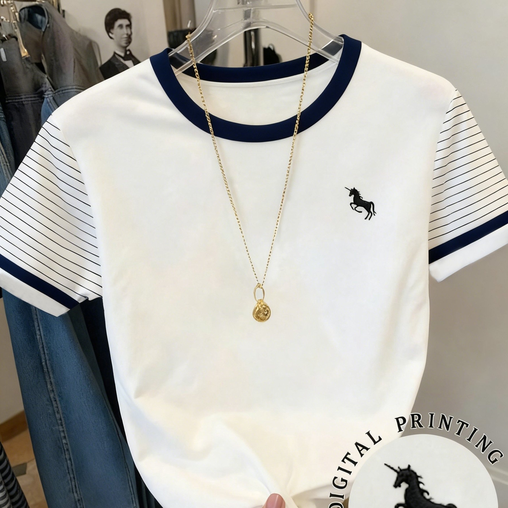 Retro Striped Short Sleeve T-shirt For Women, Summer Loose Casual Round Neck Embroidered Top