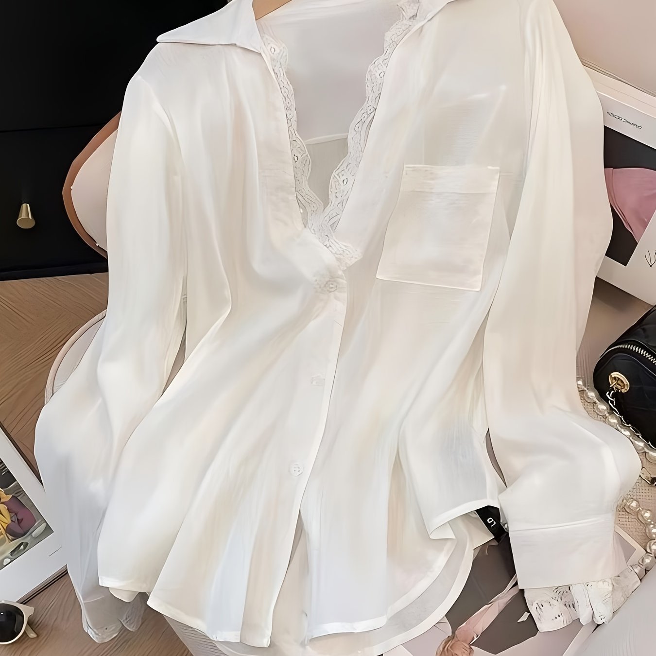 TEMU Simple And Sophisticated 2pcs Lace-seamed Pocket Detail Long-sleeved Shirt, White Lightweight Loose-fitting Top