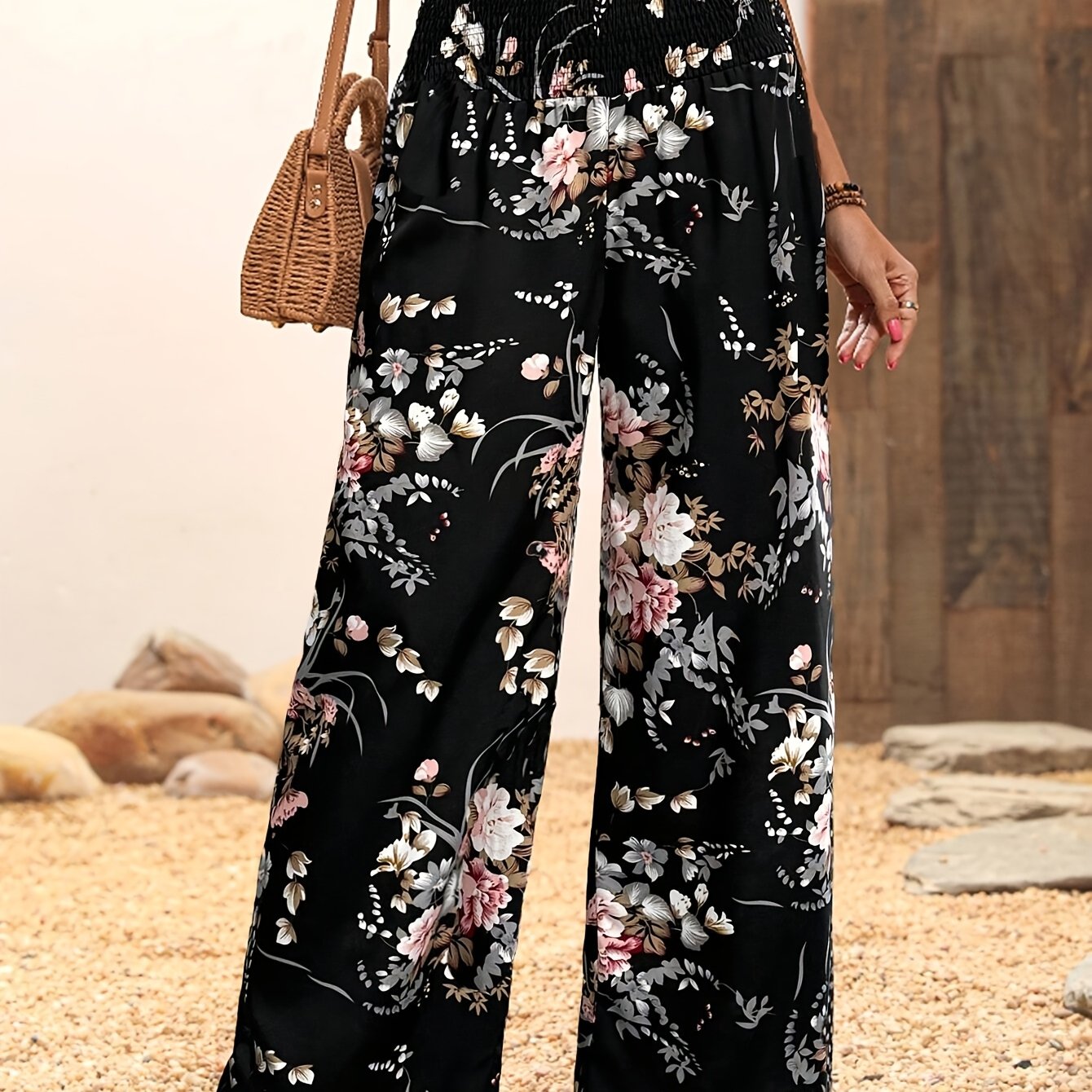 Elegant Women's Floral Print Wide-leg Pants - Casual , High-waisted With Pockets, Lightweight Polyester, Machine Washable - Perfect For Spring/summer