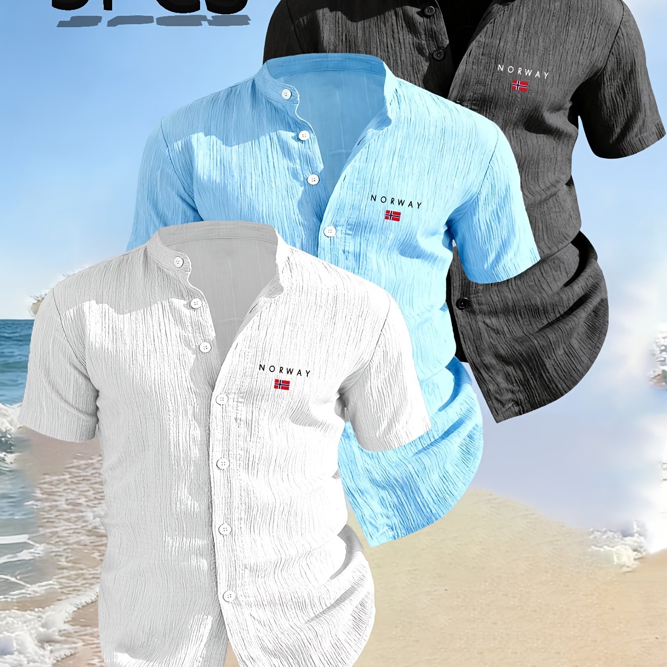 TEMU OBM Set da 3 pezzi, Camicia da stile nuovo con alla coreana a - Motivo geometrico, Camicia/T-shirt da a maniche corte con alla coreana e bottoni