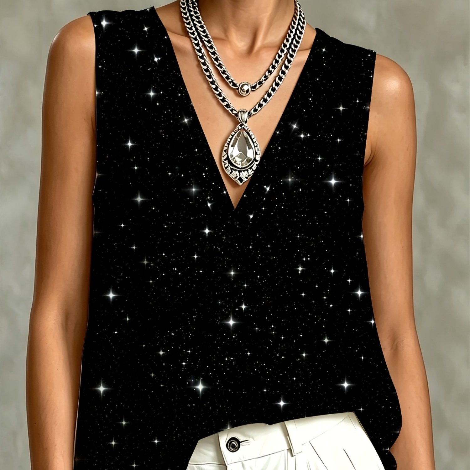 TEMU Printed Design Not Textured Print V Neck Sleeveless Top Edgy Chic Atmosphere Tank Top Friendly And Breathable Daily And Commuter Wear Additions