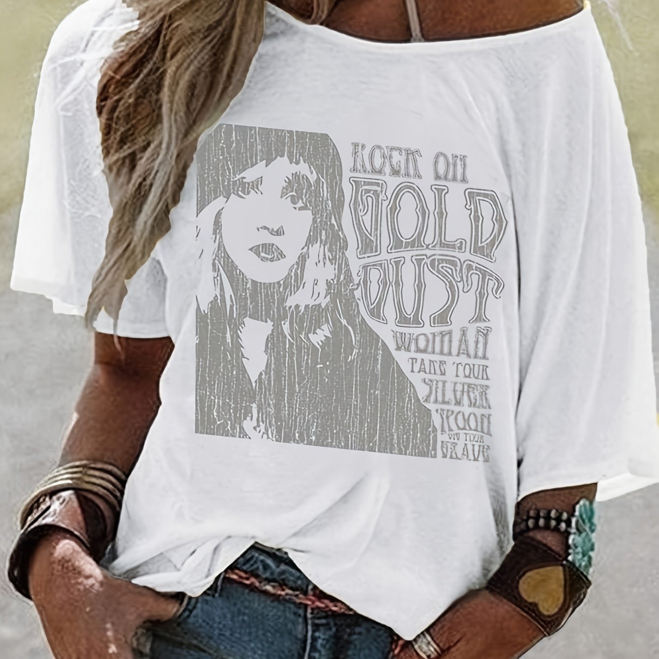 2026 Fashion Style W Vintage Style Stevies Inspired- Woman Flowy Dolman Band T-shirt, Plus Size