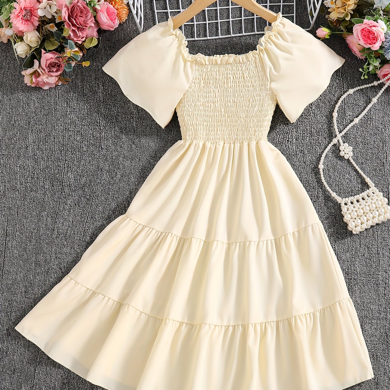 Girls' Casual Summer A-line Dress - Black Short Sleeve Shoulder Lightweight Machine-washable Outfit For Casual Attire & Outdoor Activities, Clothes For Girls, Flowy Skirt Style