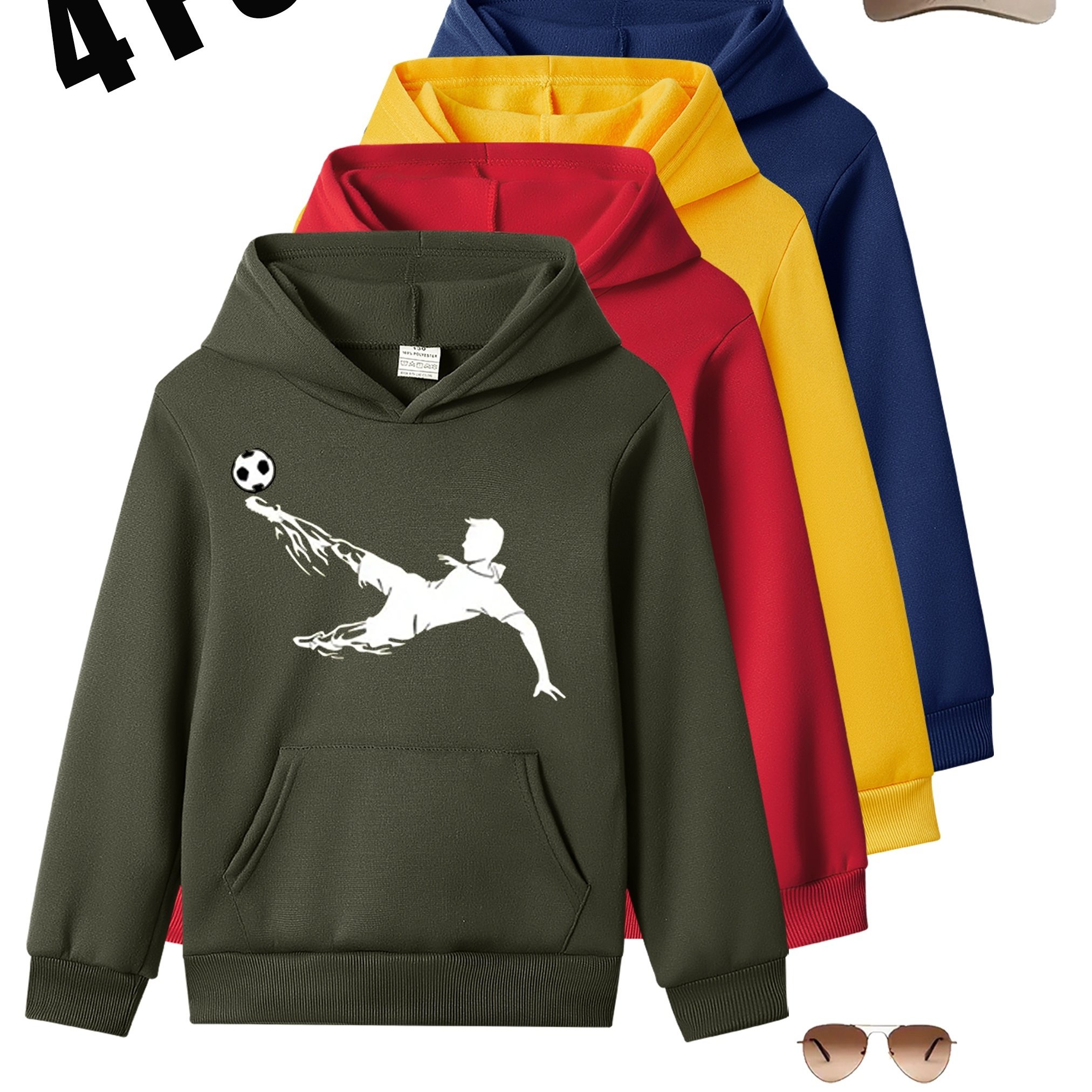 Image of 4pcs Boys' Football Sports Theme Print Hoodies - Casual Versatile For Autumn And Winter, Multi-pack Gift, Suitable For Fall And Winter