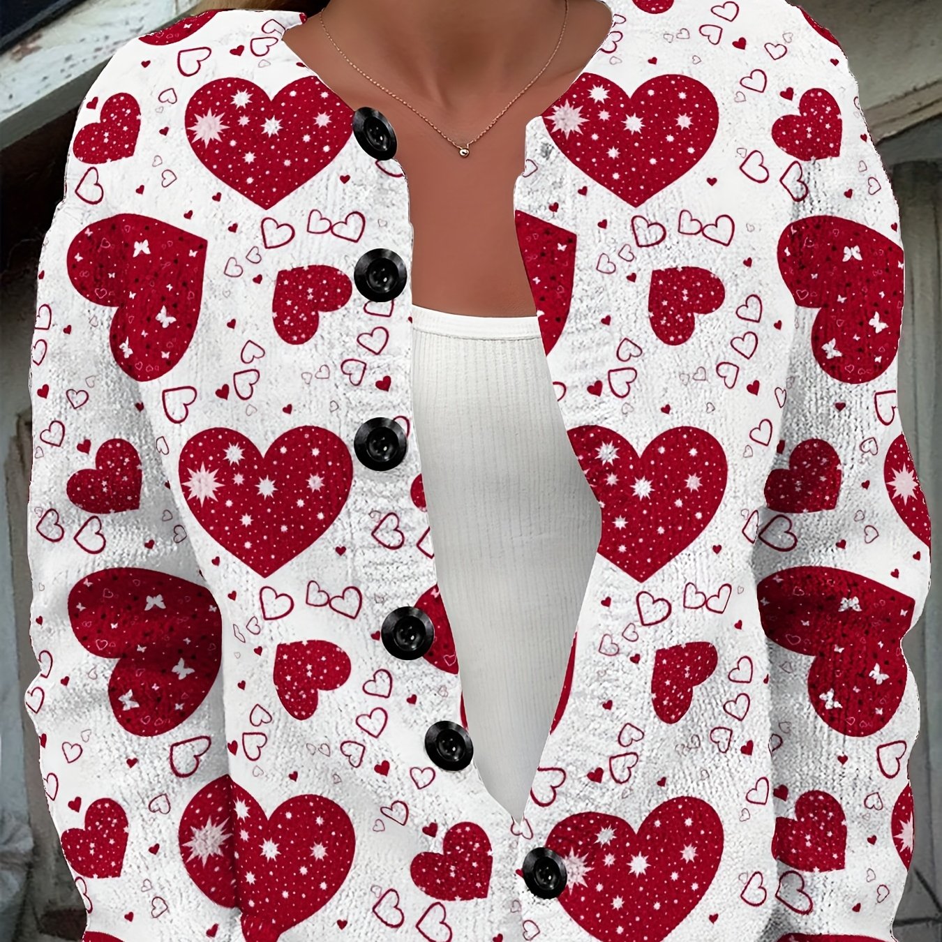 TEMU Plus Size - Plus Size - Shining Red Heart-shaped Women's Plus Size Pullover Fashionable Cardigan Button Up Sweater Round Neck Versatile