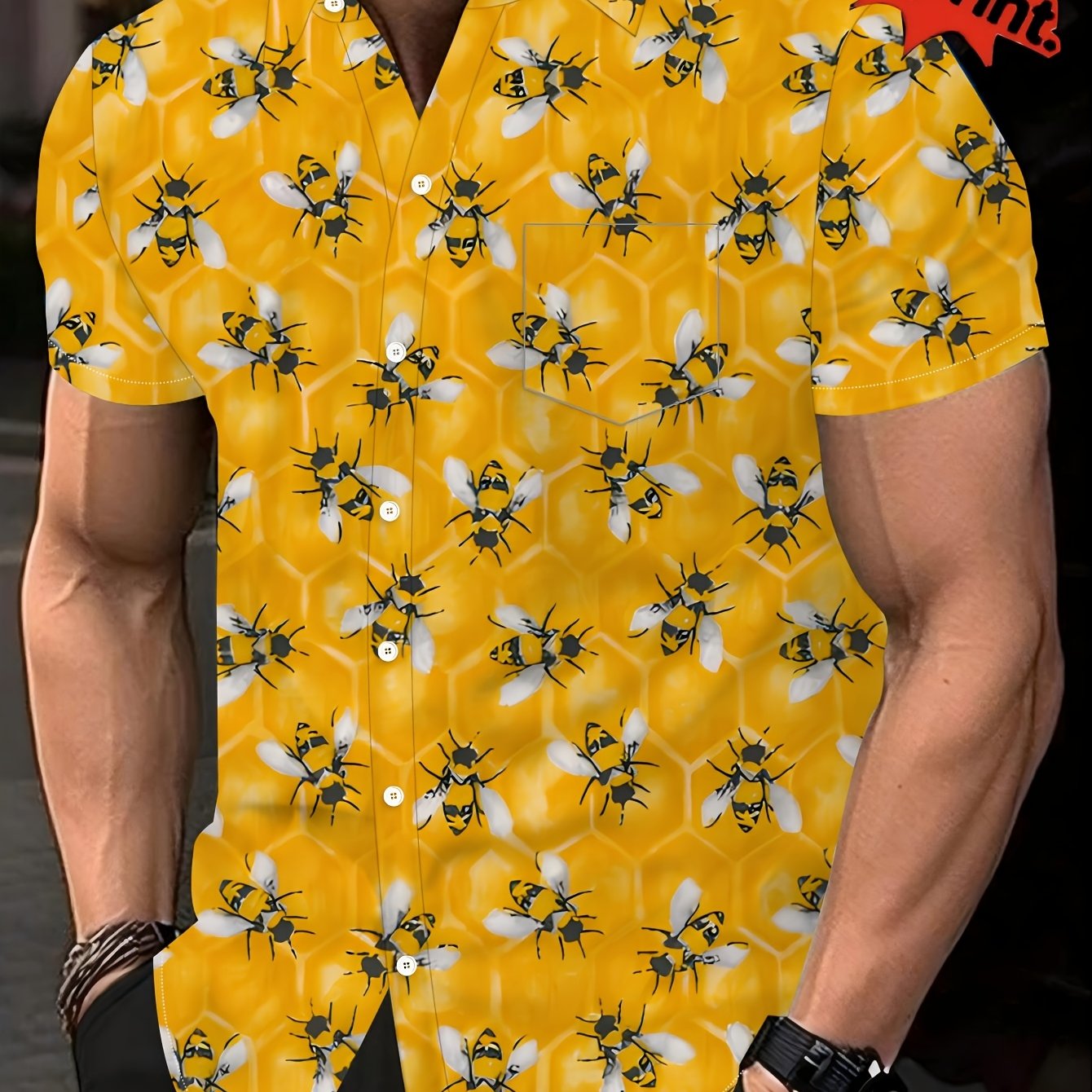 TEMU Large Size Men' Print Short Sleeve Shirt With Chest Pocket, Suitable For Beach And Outdoor Activities, Machine Washable Regular Fit, Summer