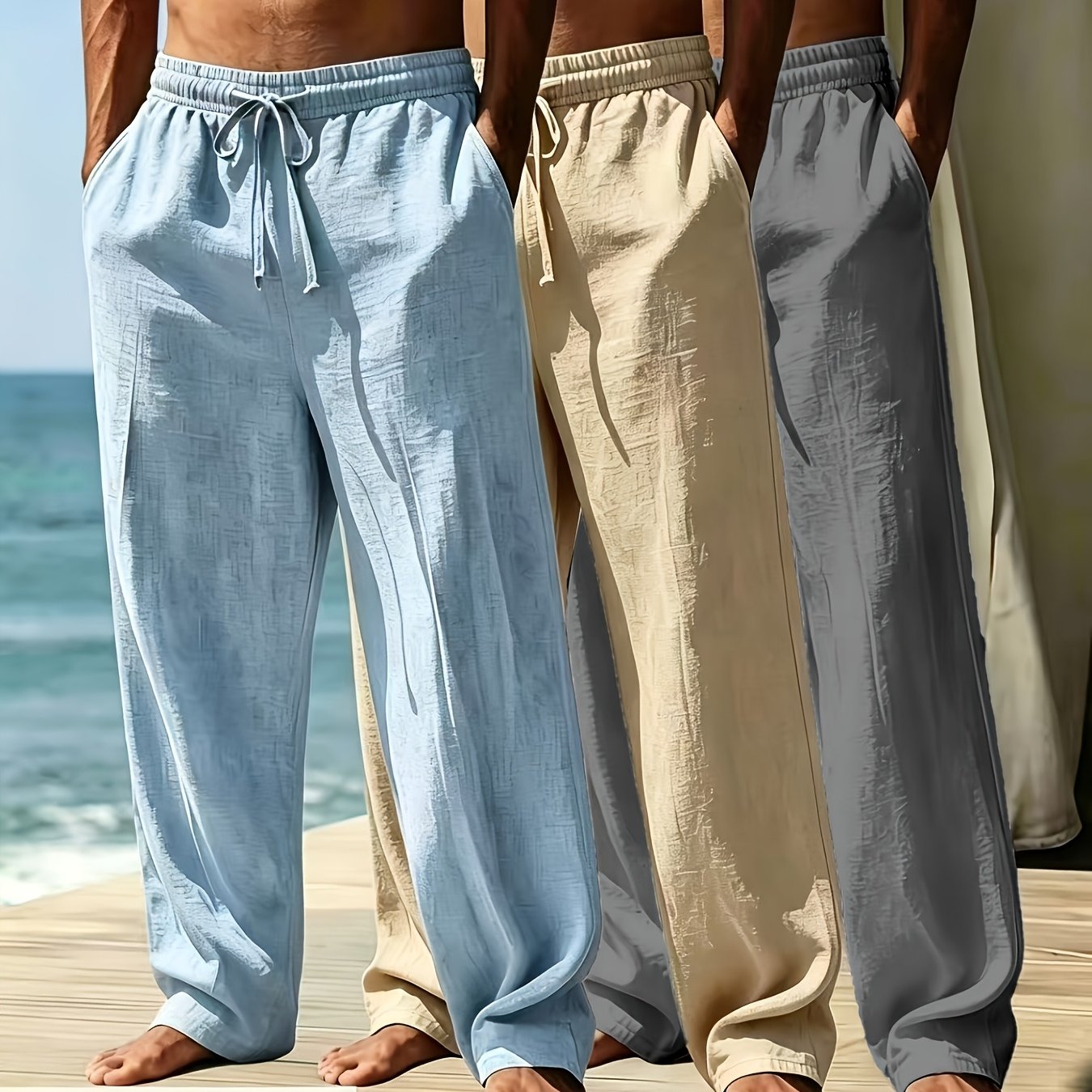 TEMU Men's 3pcs Linen Straight-leg Trousers, In Multiple Color Combinations. Features A Skin-friendly And Comfortable Linen Texture, Lightweight And