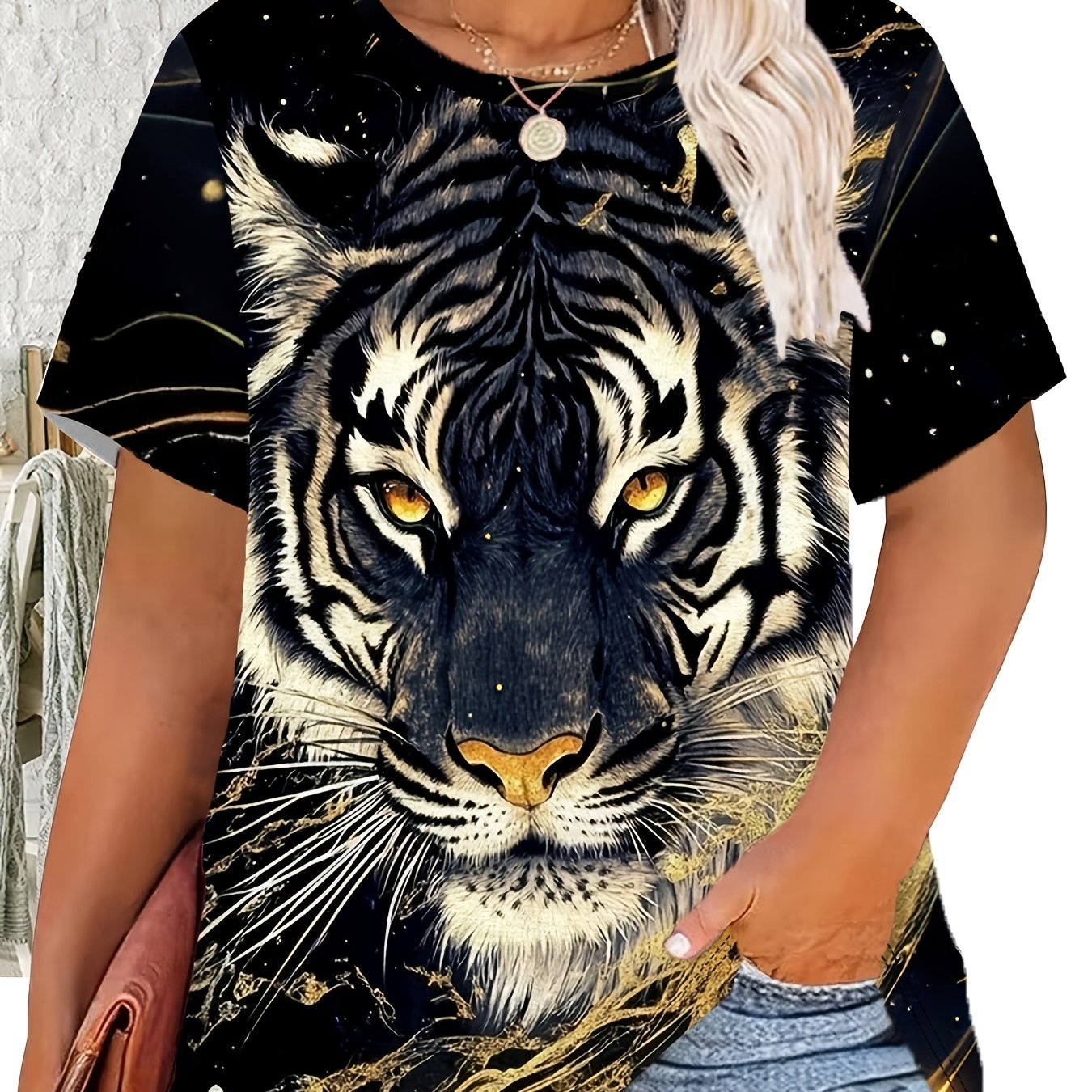 TEMU Plus Size - Plus Size - Plus Size Women's Tiger Print T-shirt - Black Color , Casual Round Neck Top, Machine Washable Breathable Fabric, A