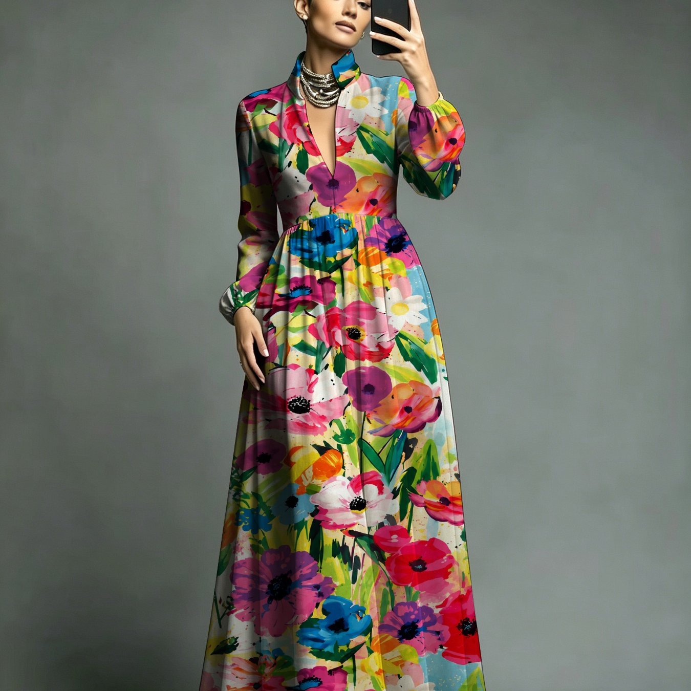 Image of Plus Size - Women Plus Size Fabric Colorful Floral Print Maxi Dress Stand Collar Deep V Neck Long Balloon Sleeve Gathered Waist Party Evening Dress With Side Pockets For Banquet. Wedding