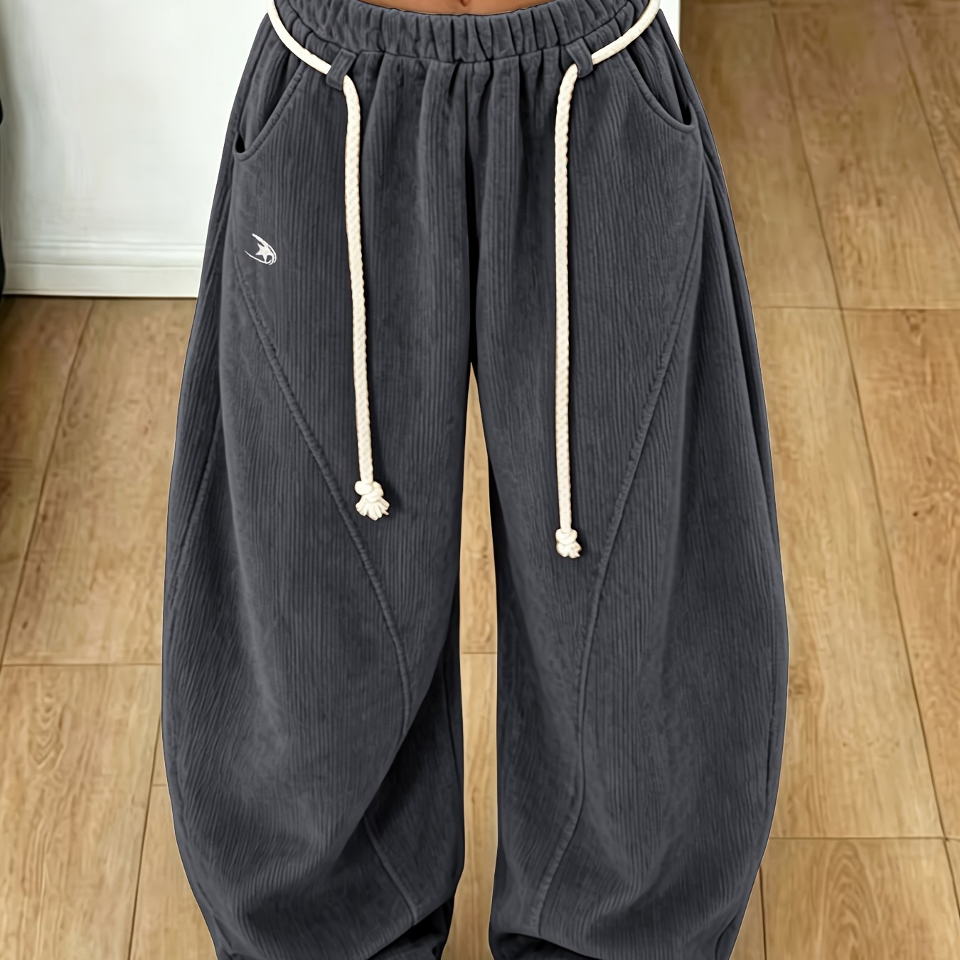 TEMU Street Style Low-rise Trendy Versatile Solid Color Women's Long Pants Loose Floor-length Drawstring Design Elastic Waist Side Pocket Harem Pants