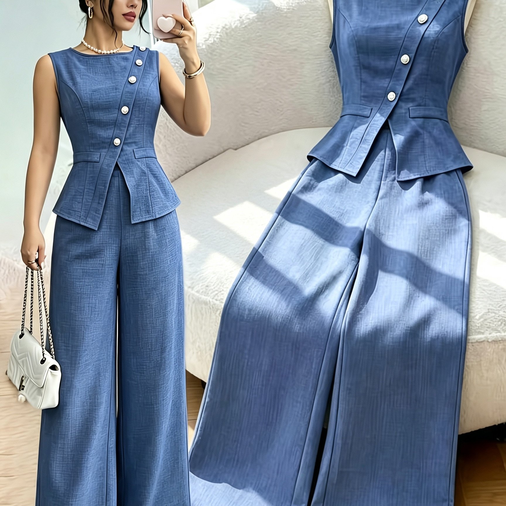 TEMU 2pcs Set, 1pc Elegant Summer Women'-piece Outfit, Suitable For Party Wear, Featuring Round Neck Design, , Waistline, And Back Vest With Slit And