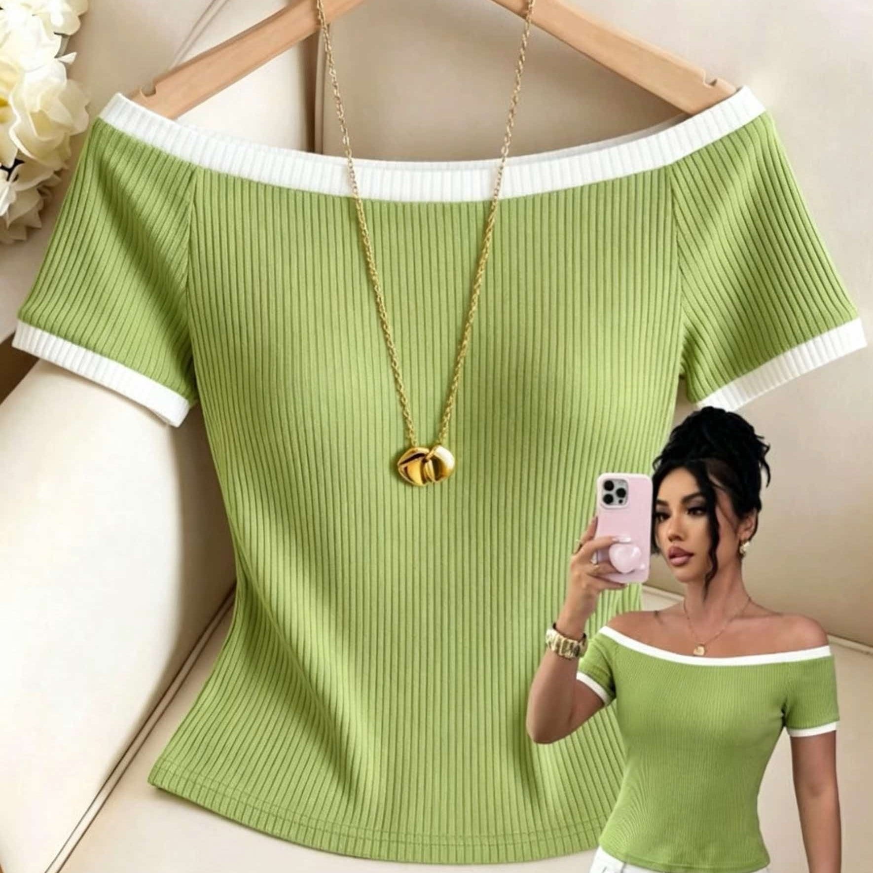 TEMU Off-the-shoulder Contrast Top, Slim Ribbed Short Sleeve T-shirt, Easy Sexy Off-shoulder Base Layer, Women's Elegant T-shirt, Women's Top