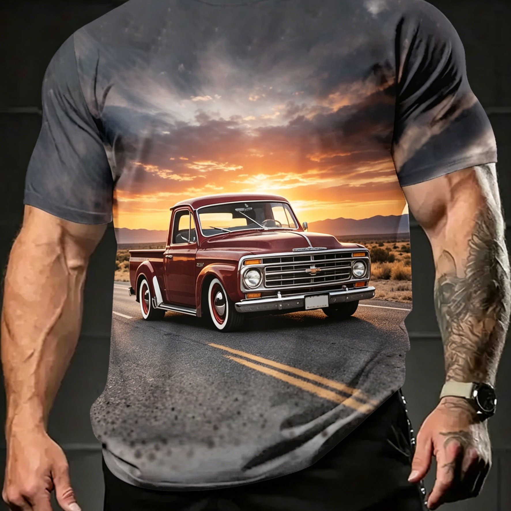 TEMU [printed Design â Not Textured] Sunset Desert Vintage Pickup Plus Size Men's Short Sleeve T-shirt, Plus Size Loose Fit Round Neck Casual Summer