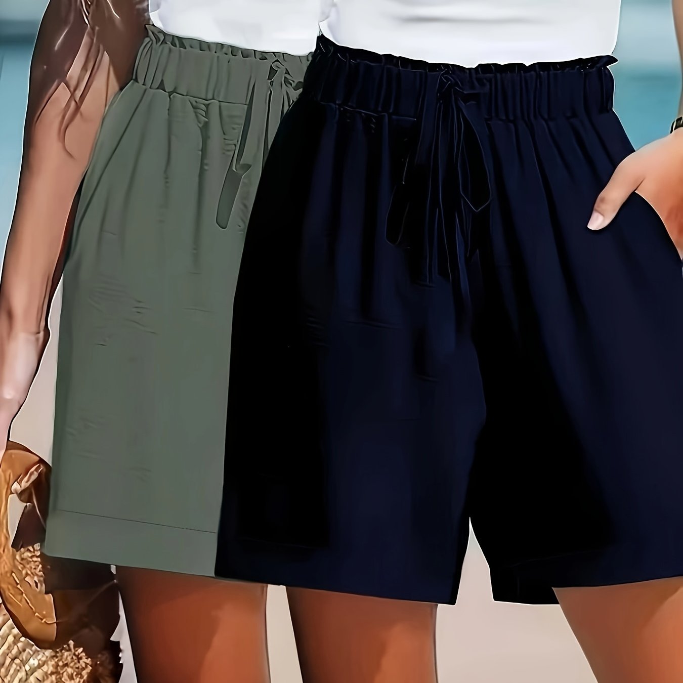 Women'-pack Solid Color Shorts With , Ruffle Trim, And Tie Waist