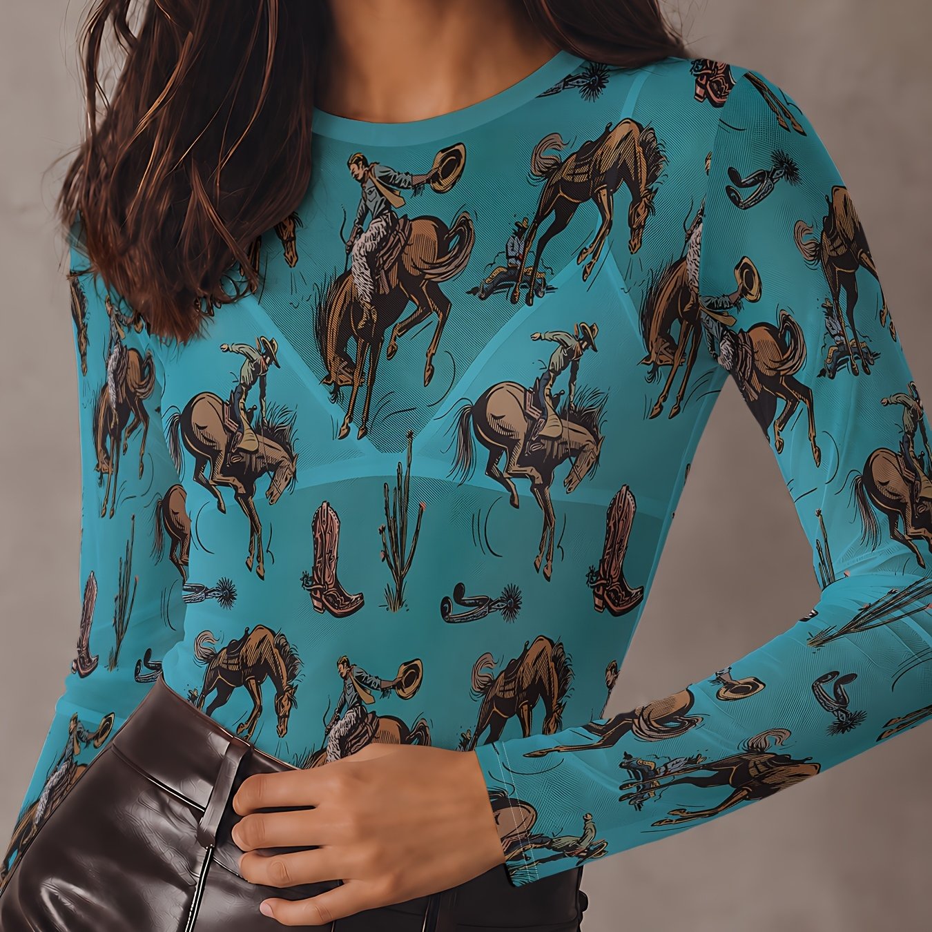 TEMU Long Sleeve Mesh Printed T-shirt, Background With Western Cowboy Riding