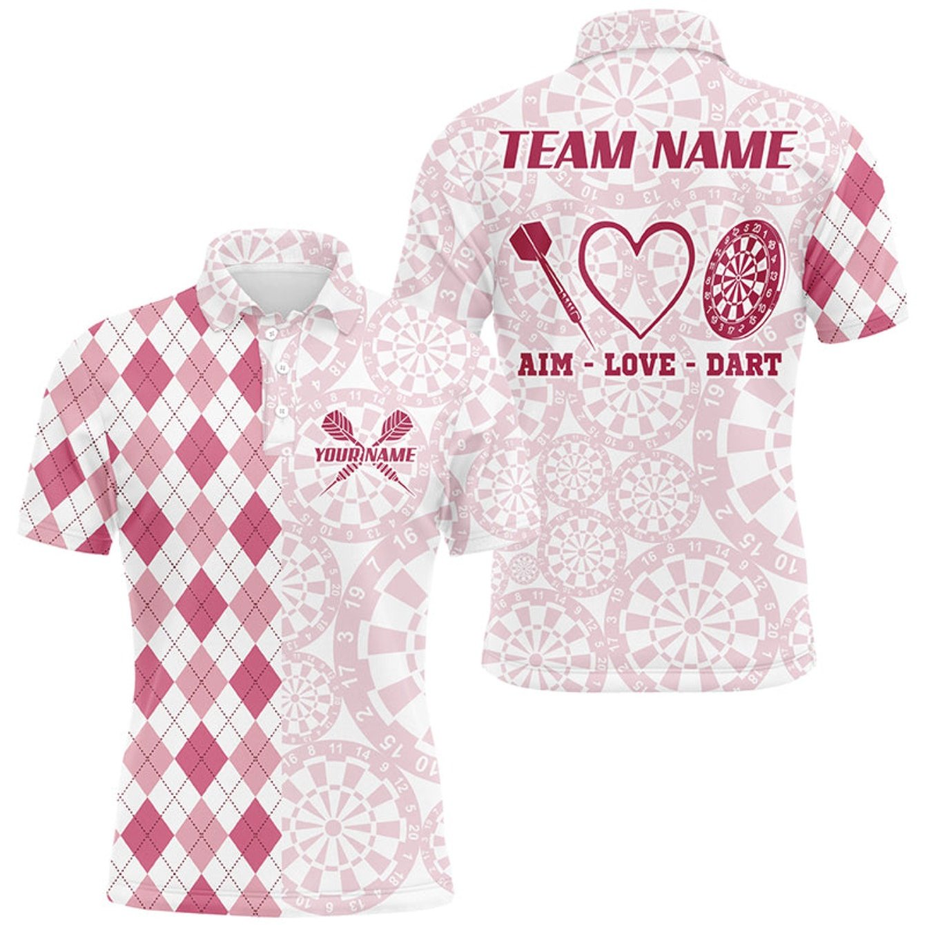 TEMU Men's Custom Darts Team Jersey - Personalized Name/number Darts Shirt With Pink Argyle Dart-themed Design, Button-front Closure & Machine